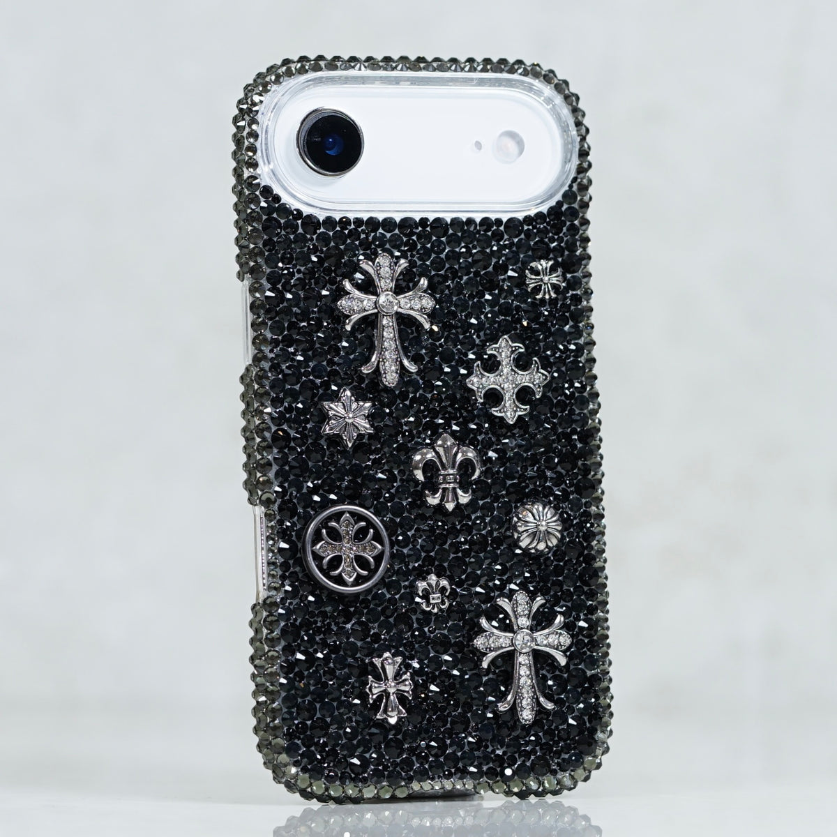 Black Crystal Phone Case with Gothic Cross Charms — LuxAddiction.com