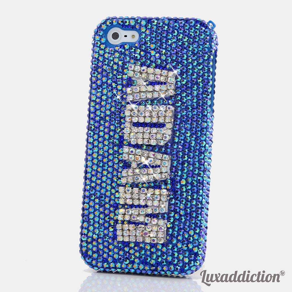 Blue with Clear Diamonds Personalized Name & Initials Design case made for iPhone 5 / 5S